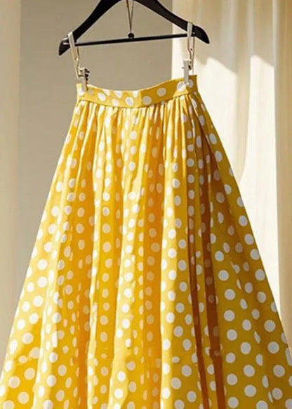 Yellow Wrinkled Dot Chiffon Maxi Skirts
