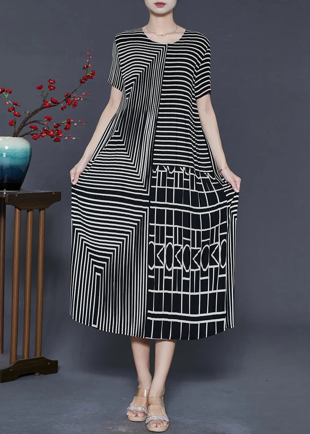 Black Striped Wrinkled Chiffon Long Dresses Summer