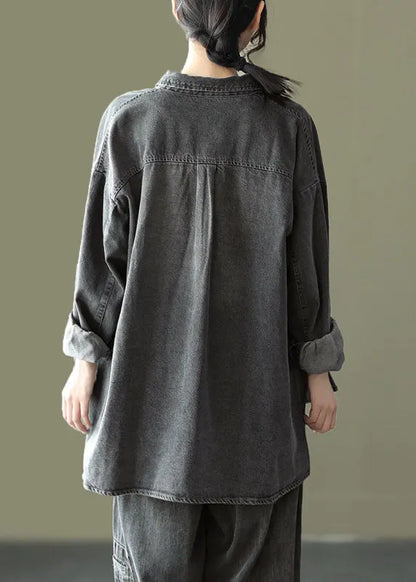 Organic Black Peter Pan Collar Pockets Patchwork Denim Coats Long Sleeve