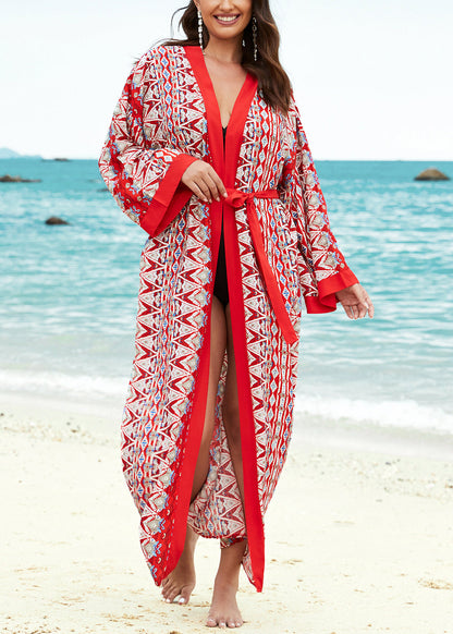 Natural Red V Neck Print Lace Up Cotton Loose Cardigans Summer