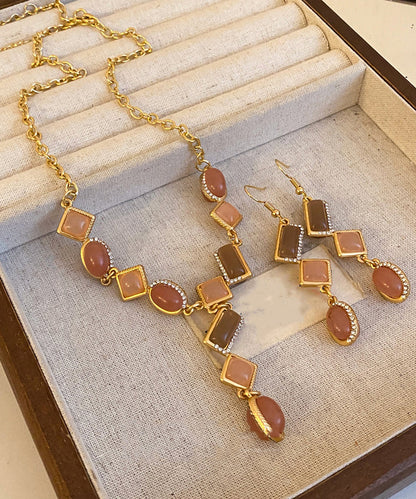 Gold Copper Alloy Zircon Tassel Pendant Necklace and Drop Earrings Two-piece Set