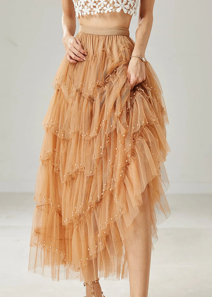Khaki Nail Bead Tulle Vacation Skirts Summer