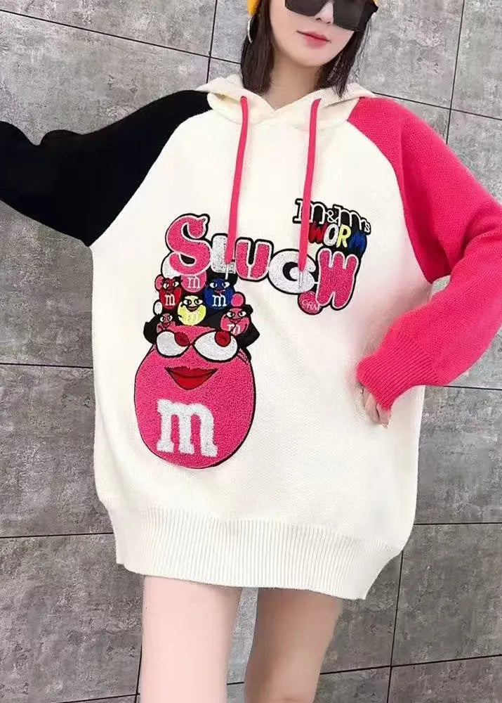 White Hooded Cartoon Print Knit Top Spring