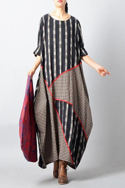 Limited Stock- Stripes Plaid Spliced Irregular Cotton Linen Dress