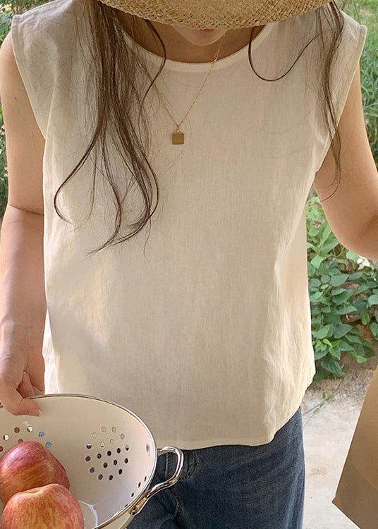 Simple White O Neck Linen T Shirt Tops Sleeveless