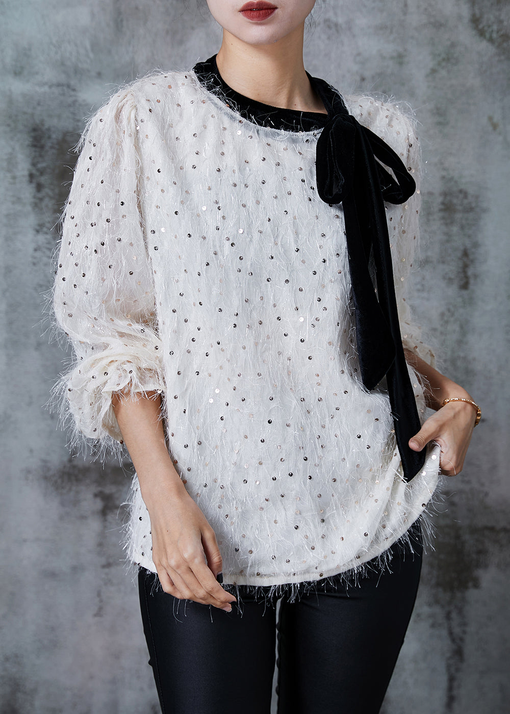 White Sequins Bow Blouse Tops Summer