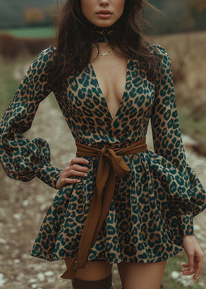 Green Leopard V Neck Print Cotton Mini Dress Lantern Sleeve
