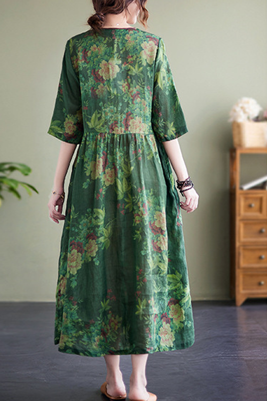 -new Green Dress Ramie Print Maxi Dress
