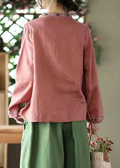 Red Stand Collar Embroidered Linen Shirt Top Long Sleeve
