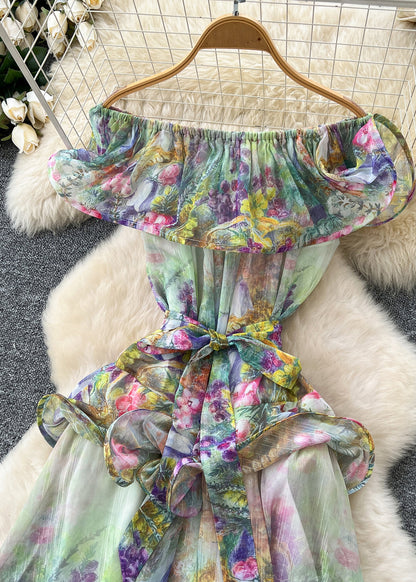 Green Slash Neck Print Chiffon Holiday Dress Summer