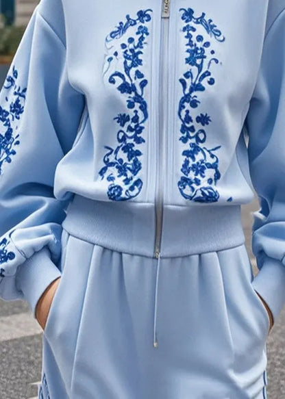 Baby Blue Print Cotton Jackets Stand Collar Fall