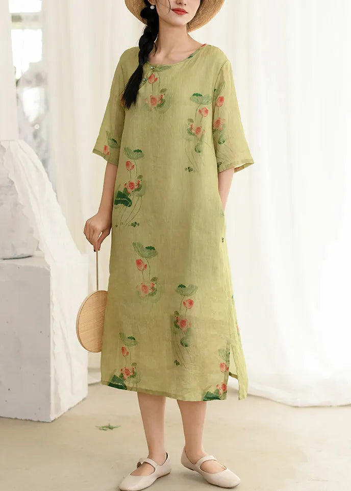 New Pink O Neck Print Linen Long Dress Summer