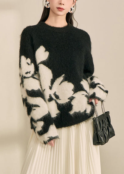 Modern Black O-neck Print Cotton Knit Cardigan Fall