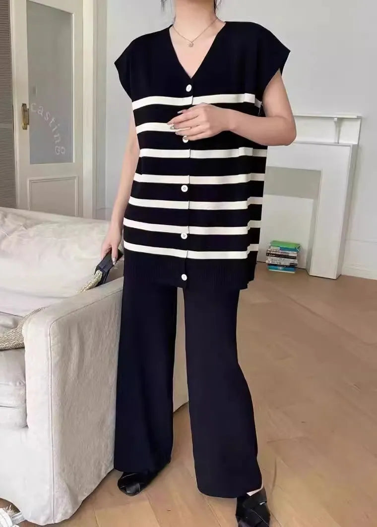 Loose Apricot V Neck Striped Knit 2 Piece Outfit Summer