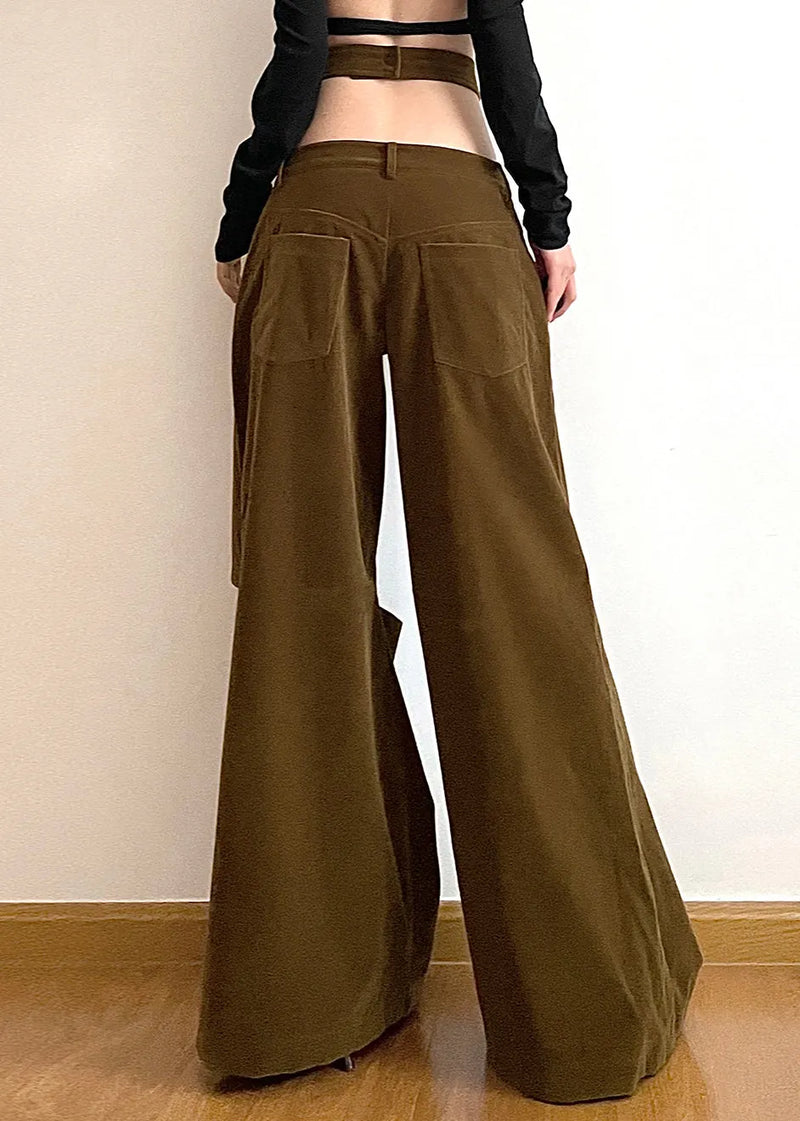 Brown Hollow Out Pockets Cotton Wide Leg Pants Fall