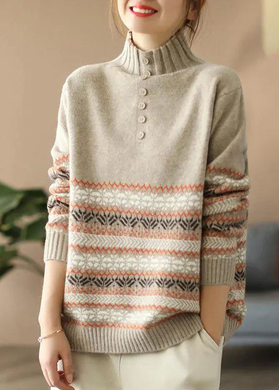 Khaki Hign Neck Print Knit Sweater Spring