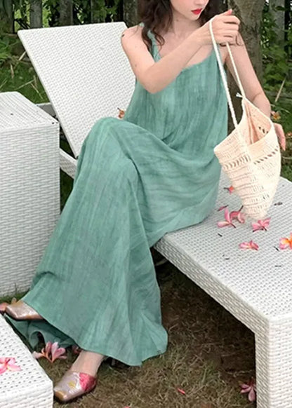 Green U Neck Wrinkled Linen Long Dress Sleeveless