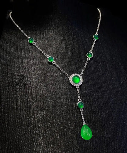 New Green Sterling Silver Overgild Zircon Jade Tassel Pendant Necklace