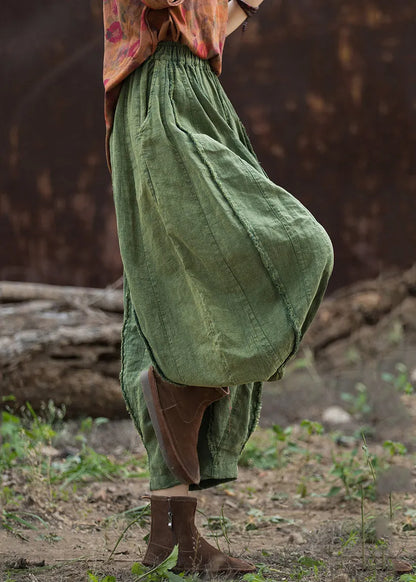 Green Linen Wide Leg Pants Elastic Waist
