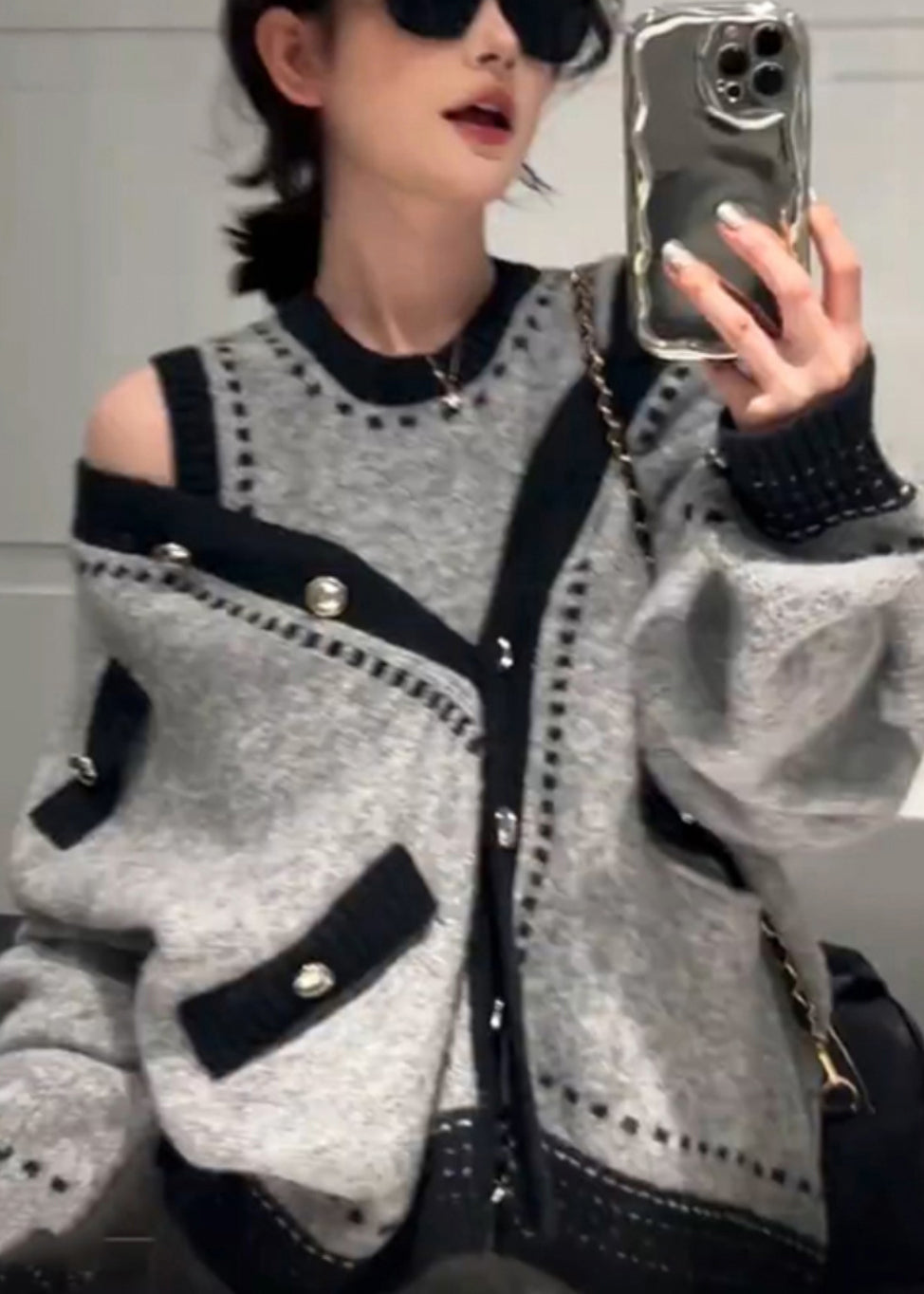 New Grey Button Cardigans and Dresses Knit Two Pieces Set Winter
