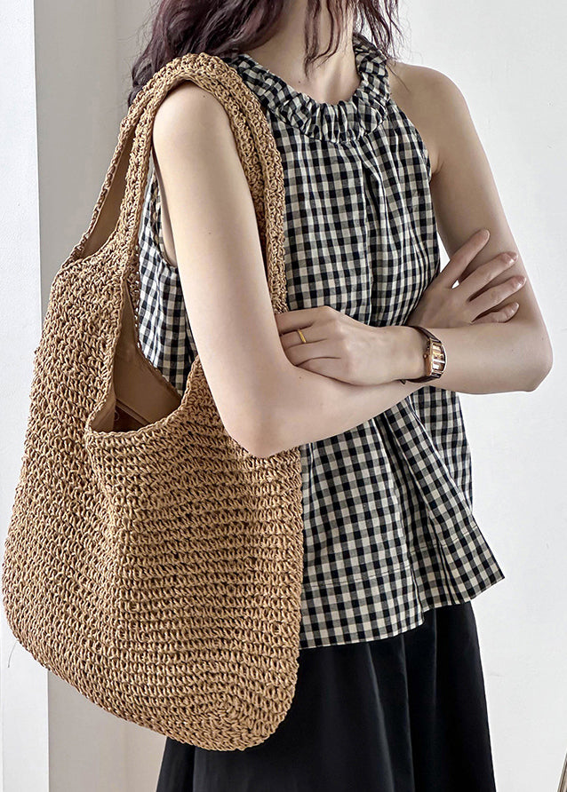 French Plaid O-neck Cold Shoulder Cotton Top Sleeveless