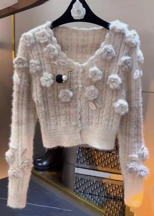 Slim Fit Beige Button Patchwork Knit Sweaters Winter