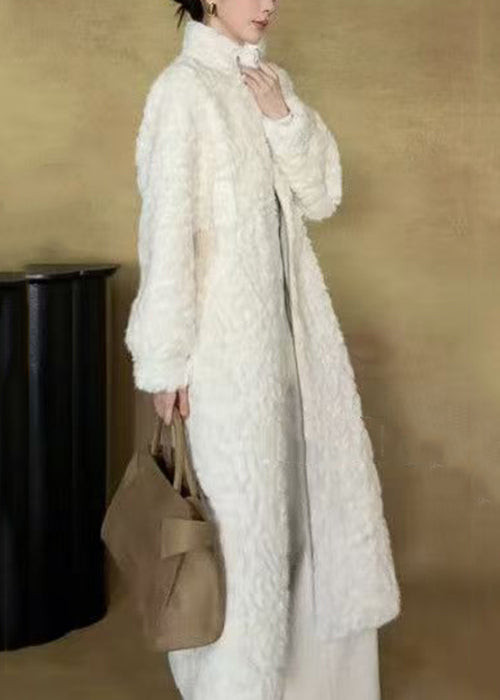 New White Stand Collar Zippered Wear on Both Sides Fuzzy Fur Long Coat Winter