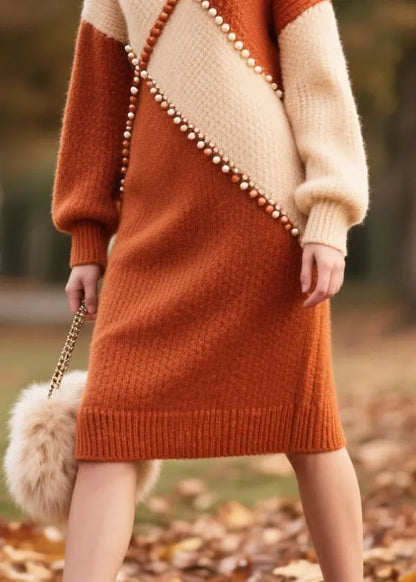 Brown Nail Bead Patchwork Faux Fur Knitwear Dress Winter