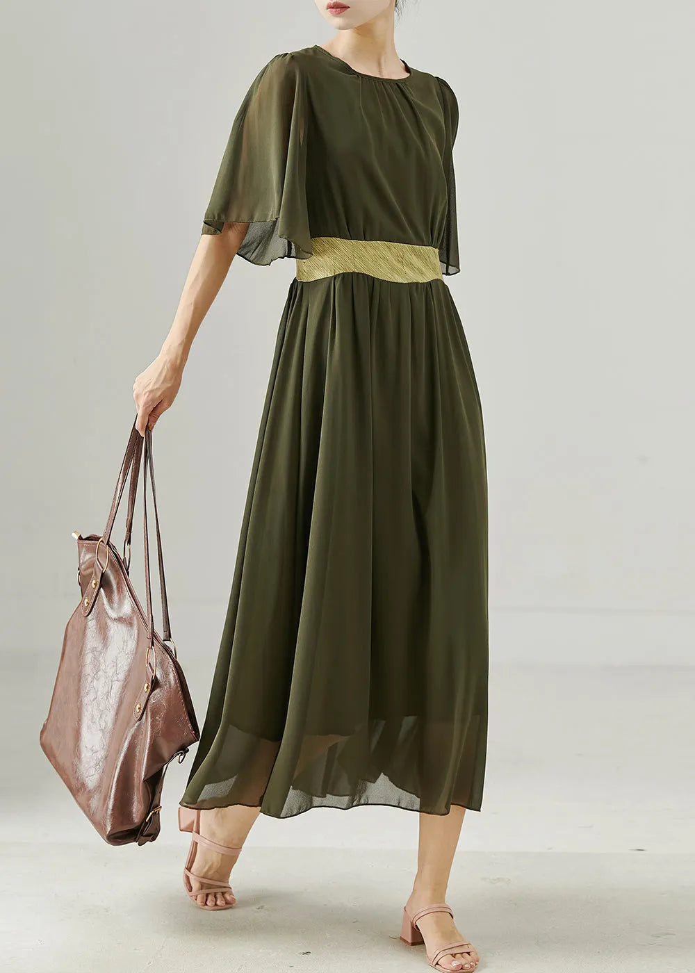 Army Green Exra Large Hem Draping Chiffon Long Dress Summer