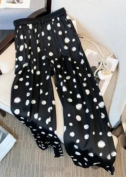 Black Dot Drawstring Chiffon Wide Leg Pants