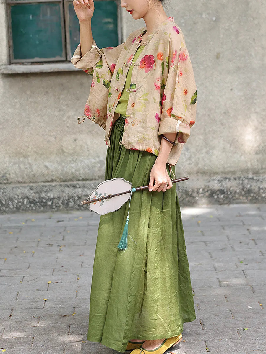 Flower Button-up Ramie Loose Shirt