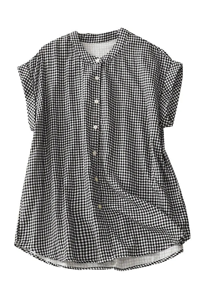 Stand Collar Plaid Button Cotton Shirts Summer