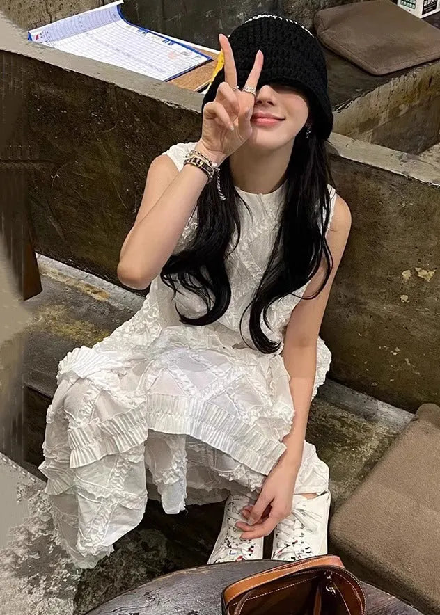 White Ruffled Cotton Long Dress Sleeveless