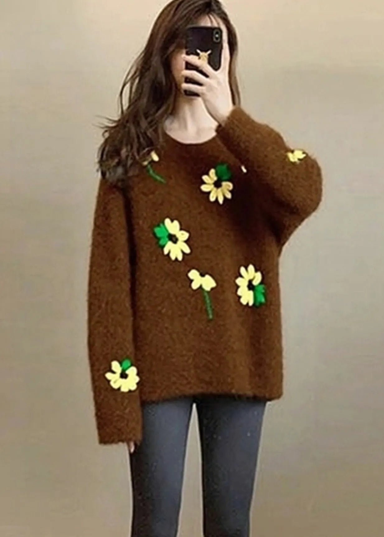 Unique Brown Oversized Lace Knit Sweater Tops Winter