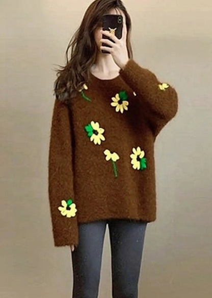 Unique Brown Oversized Lace Knit Sweater Tops Winter