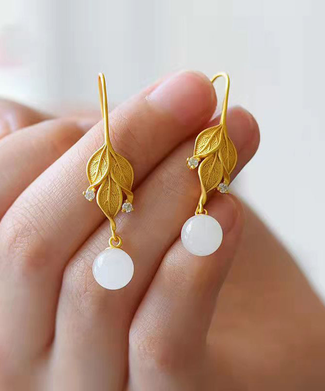 Gold Sterling Silver Overgild Zircon Jade Leaf Drop Earrings