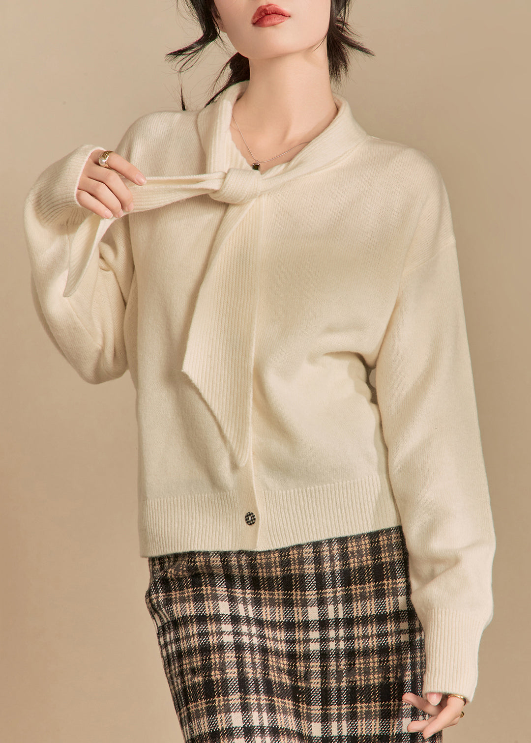 Beige Bow Button Knit Sweaters Winter