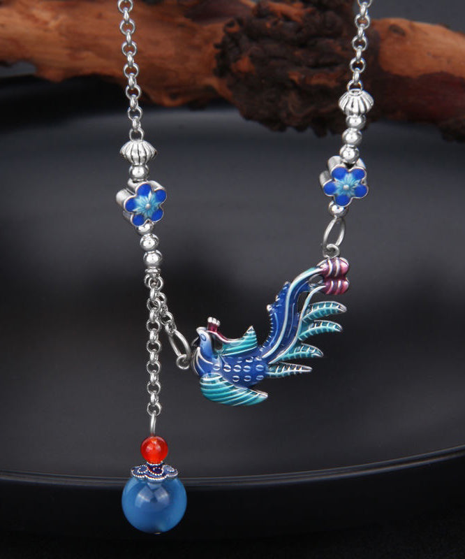 Blue Sterling Silver Tassel Cloisonne Enamel Phoenix Pendant Necklace