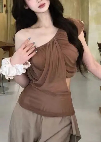 Brown Asymmetrical Cold Shoulder Tulle Top Summer