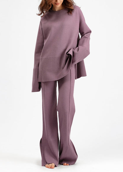 Purple O Neck Side Open Knit Two Pieces Set Flare Sleeve