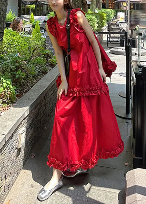 New Red Ruffled Tops and Skirts Cotton Two Piece Set Sleeveless