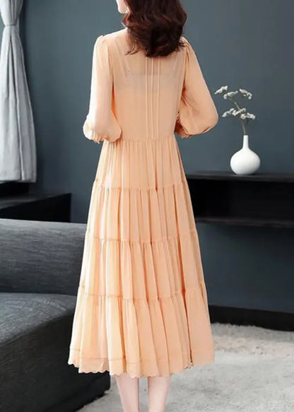 Classy Blue Ruffled Button Patchwork Silk Long Dresses Summer