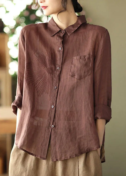 Chocolate Peter Pan Collar Ramie Top Spring