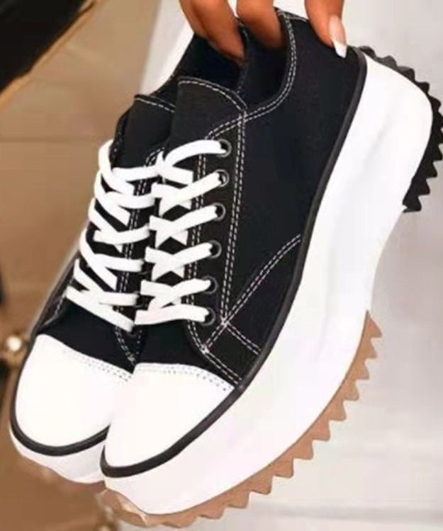 Khaki Canvas Lace Up Splicing Platform Flat Shoes