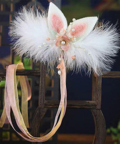 Watery Red Alloy Pearl Colored Glaze Cat's Ears Feather Hairpin and Ribbon Two-piece Set