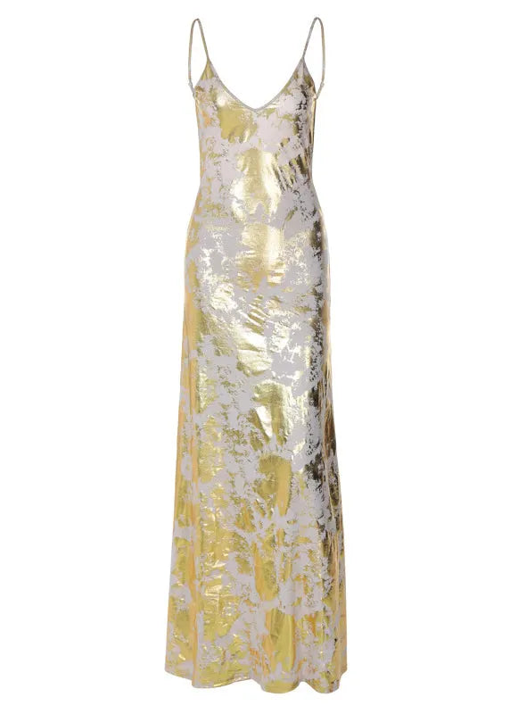 Stylish Gold Backless Cotton Spaghetti Strap Dress Summer