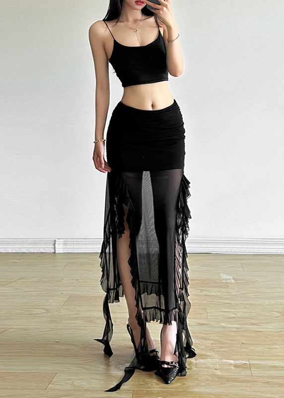 Black Ruffled Patchwork Side Open Tulle Skirts Summer