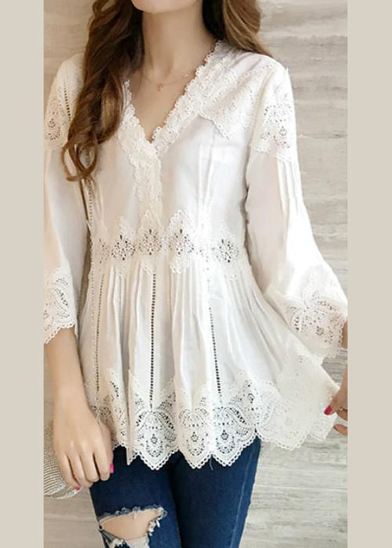 White V-neck Ruffles Hollow Out Shirts Spring