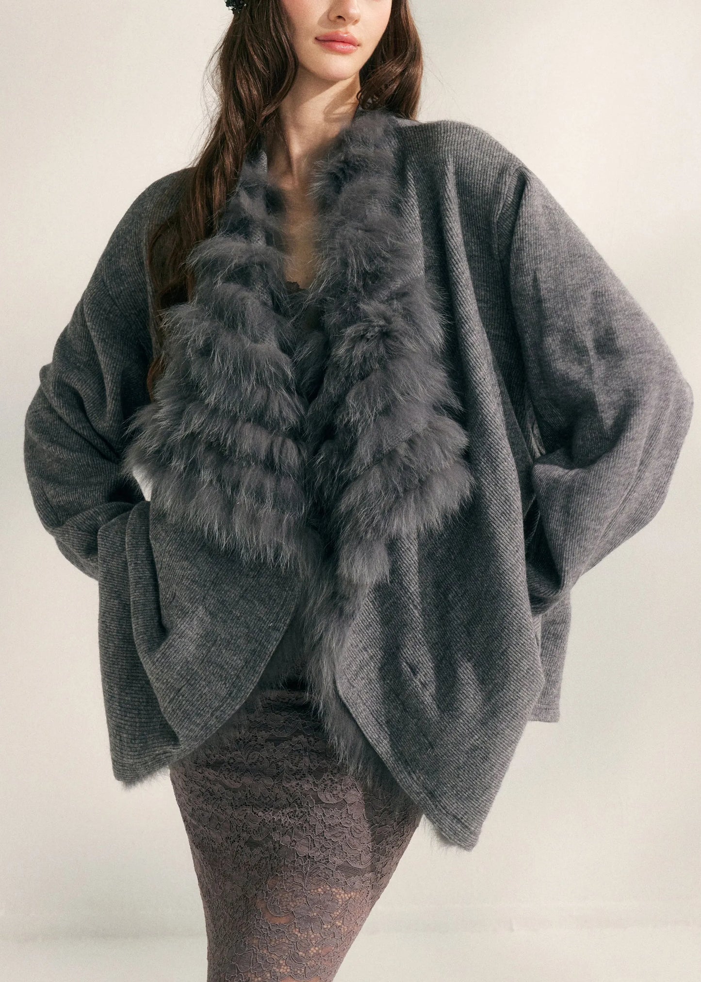 Natural Beige Fox Collar Patchwork Mink Hair Knitted Cardigans Fall