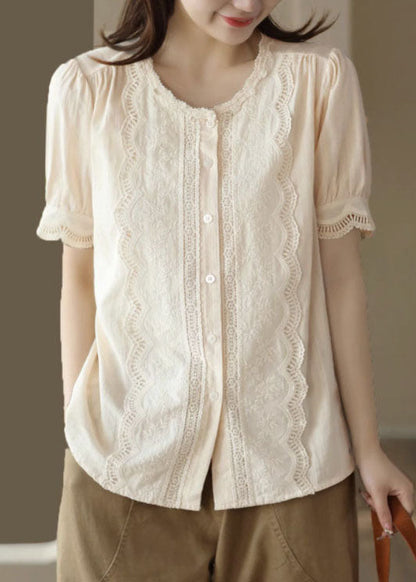 Apricot Hollow Out Embroidered Patchwork Cotton Blouses Summer